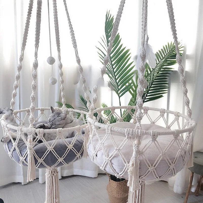 Hand Woven Cotton Rope Pet Hammock - Cat Swing Hanging Basket