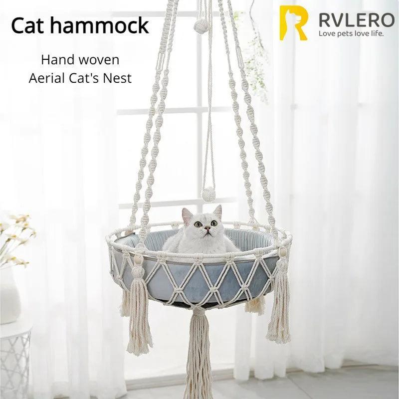 Hand Woven Cotton Rope Pet Hammock - Cat Swing Hanging Basket