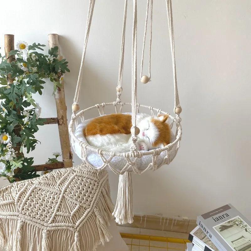 Hand Woven Cotton Rope Pet Hammock - Cat Swing Hanging Basket