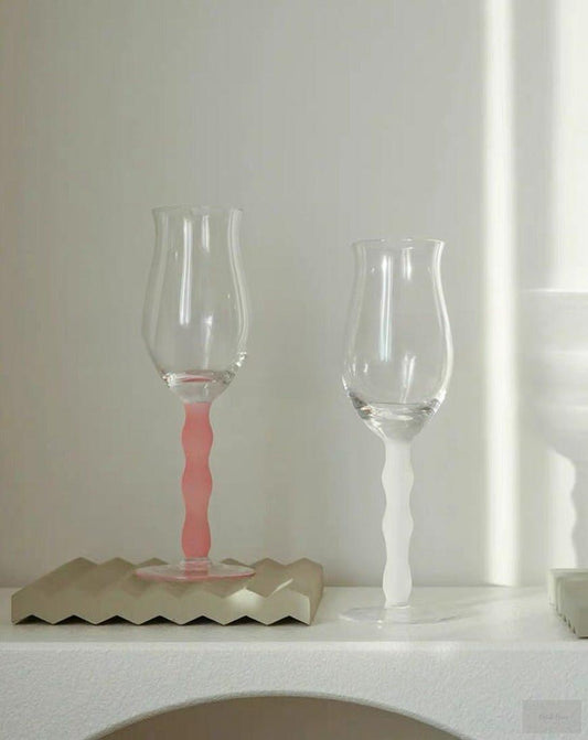 Handblown Retro Wavy Rose Wine Glasses