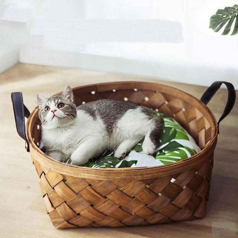Handmade Bamboo Rattan Cat Bed House with Cushion – Natural Woven Cat Nest for Indoor Cats | Eco-Friendly Pet Furniture in S, M, L Sizes