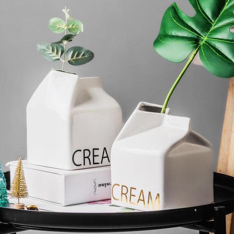 Modern White Porcelain Vases "CREAM" & "MILK" Lettering in Black or Gold (Small/Large)