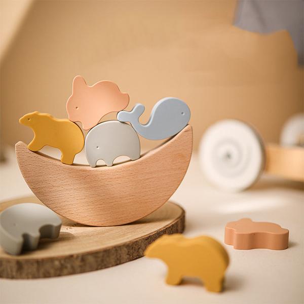 Montessori Wooden Animal Stacking Toys Beech Wood Balancing Set for Toddlers