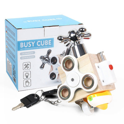 Montessori Wooden Busy Block Toy – Sensory Activity Cube for Kids (4 Styles Available)
