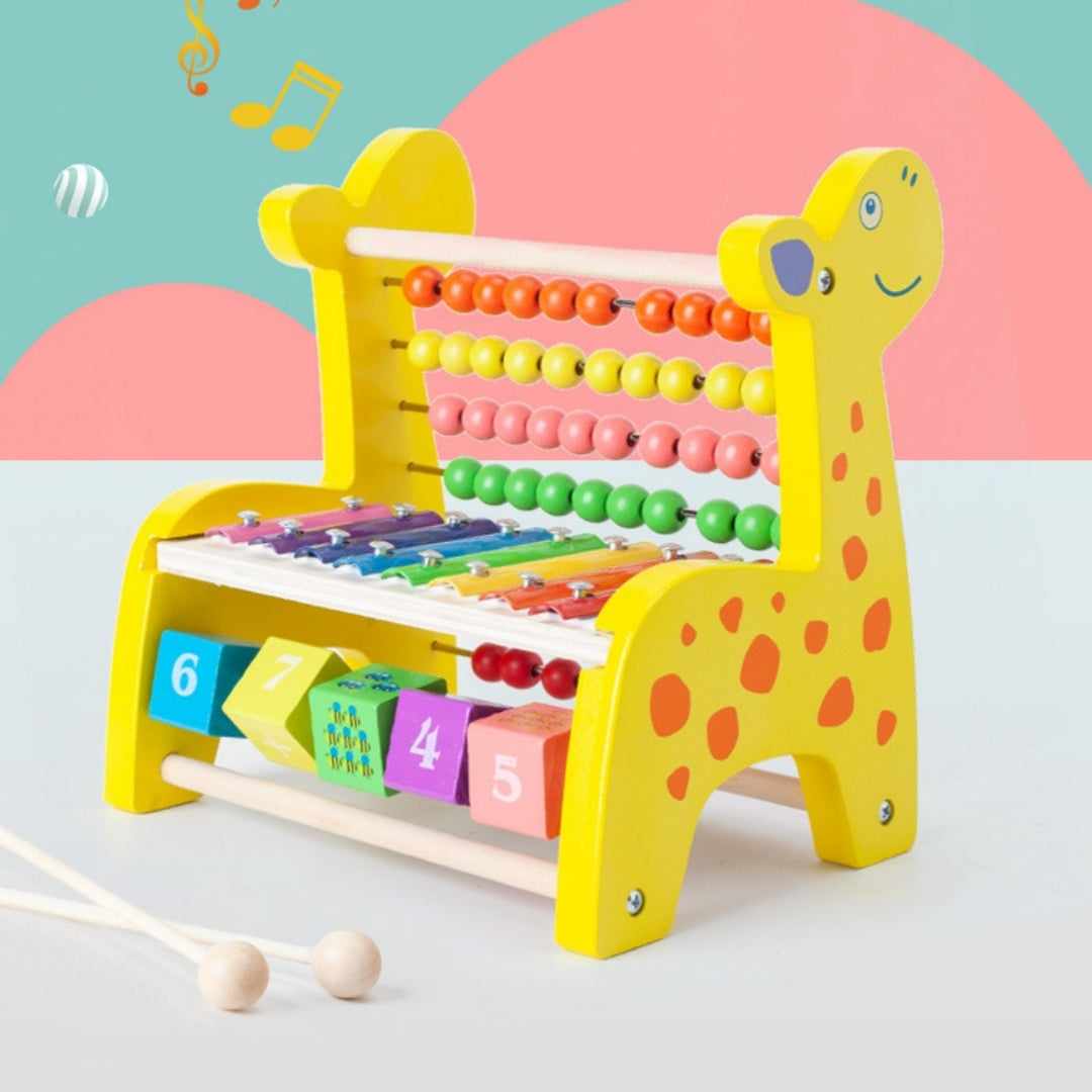 Montessori Wooden Deer Activity Toy – Percussion Piano & Bead Stringing Set for Babies (0–3 Years)