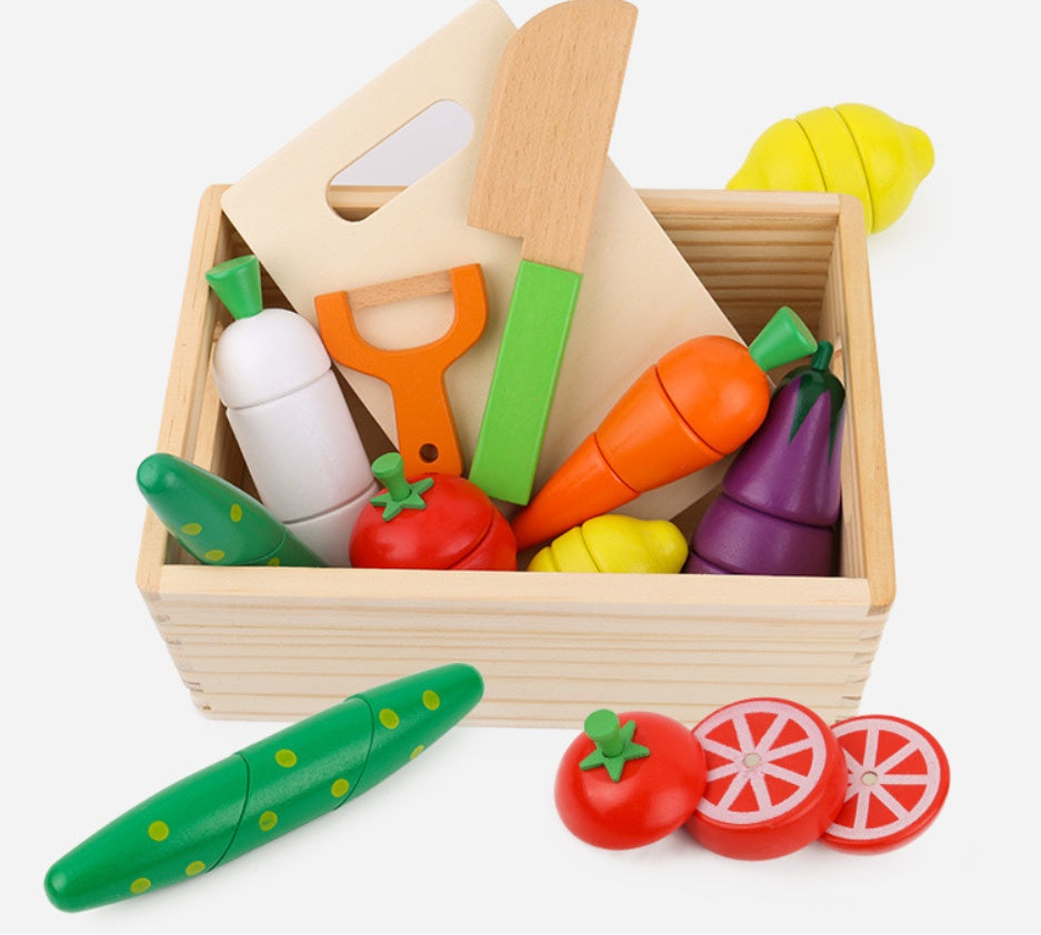 Montessori Wooden Magnetic Fruit Cutting Toy Set – Pretend Kitchen Play Food for Toddlers