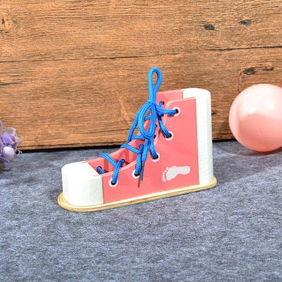 Montessori Wooden Shoelace Practice Toy – Tie Lacing Shoe for Fine Motor Skills