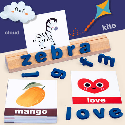 Montessori Wooden Spelling Word Game – Educational Literacy Toy for Kids (New Blue Edition, 28×16.5cm)