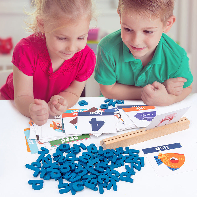Montessori Wooden Spelling Word Game – Educational Literacy Toy for Kids (New Blue Edition, 28×16.5cm)