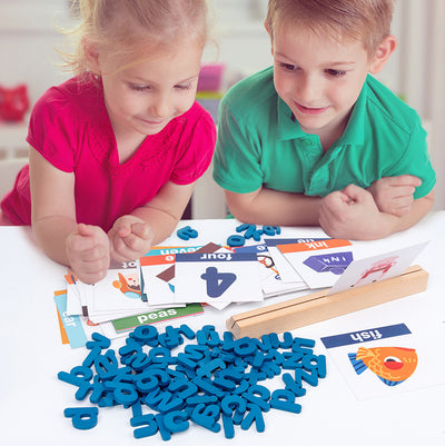 Montessori Wooden Spelling Word Game – Educational Literacy Toy for Kids (New Blue Edition, 28×16.5cm)