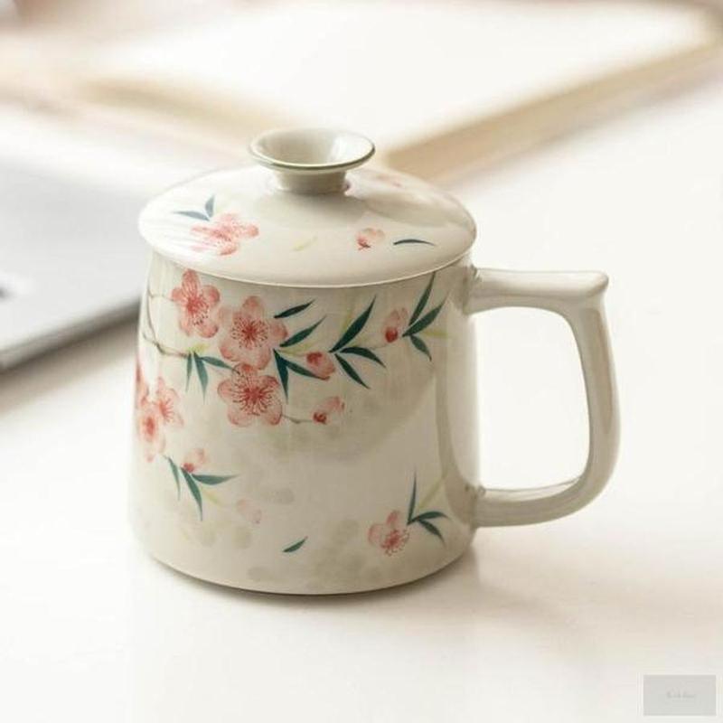 Peach Blossom Ceramic Hand Painted Mug With Lid
