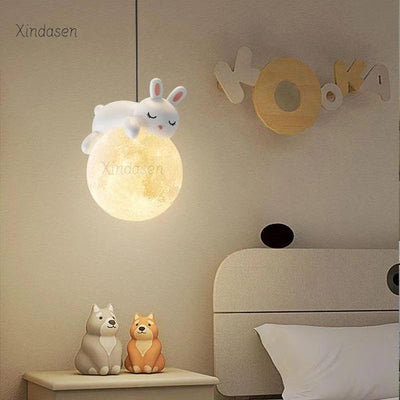 Rabbit & Moon Pendant Light – Whimsical Ceiling Lamp for Kids' Rooms