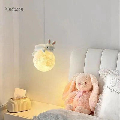 Rabbit & Moon Pendant Light – Whimsical Ceiling Lamp for Kids' Rooms