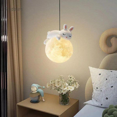 Rabbit & Moon Pendant Light – Whimsical Ceiling Lamp for Kids' Rooms