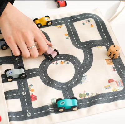 Travel Mate – Montessori Travel Car Game with Wooden Cars & Playmat | Open-Ended Family Fun for Ages 2+