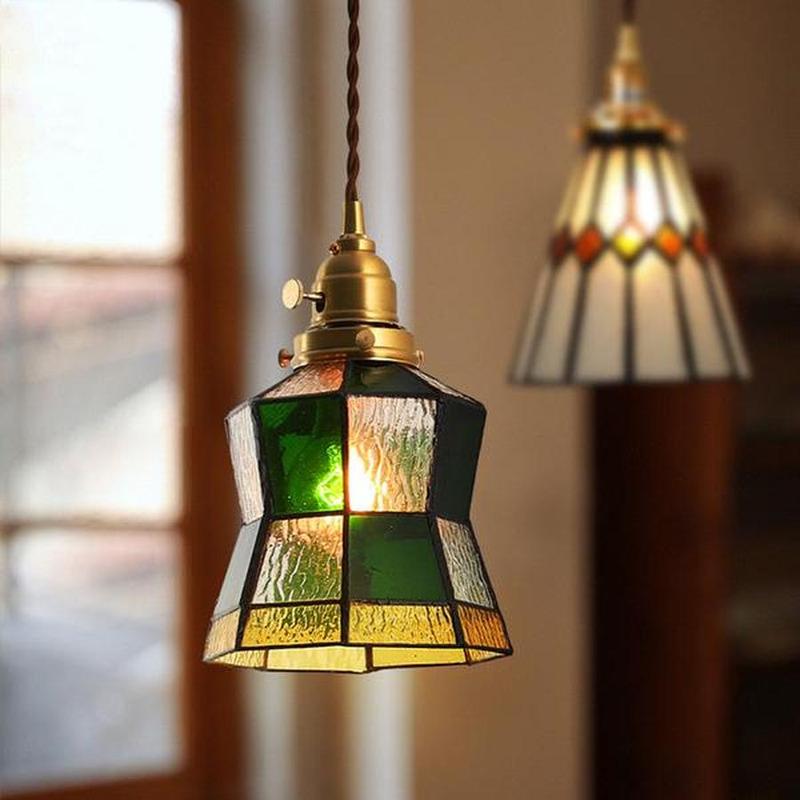 Vintage Brass & Glass Pendant Light Handcrafted with Walnut Accents