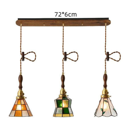Vintage Brass & Glass Pendant Light Handcrafted with Walnut Accents