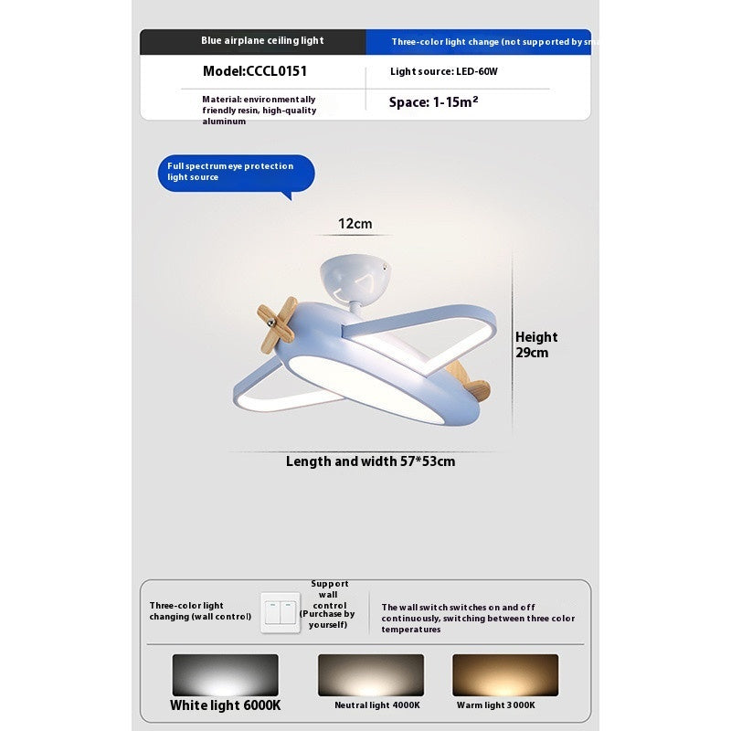 Children’s Aircraft Chandelier | Cream Style Kids Ceiling Light | LED Bedroom Pendant Lamp – 55CM (Cream & Sky Blue Options, 110V–240V)