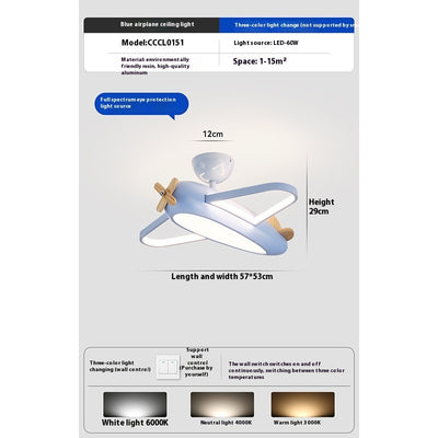 Children’s Aircraft Chandelier | Cream Style Kids Ceiling Light | LED Bedroom Pendant Lamp – 55CM (Cream & Sky Blue Options, 110V–240V)