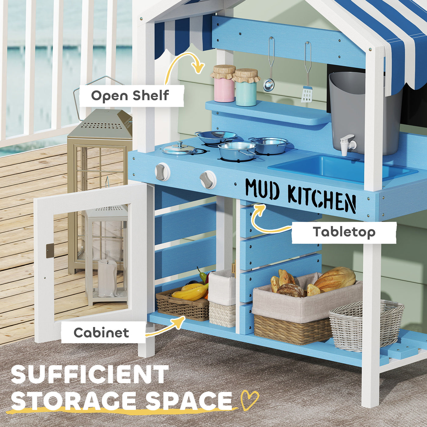 Wooden Mud Kitchen For Kids Outdoor With Sink, Faucet, Water Tank, Storage Shelves, Accessories For Boys And Girls, Blue