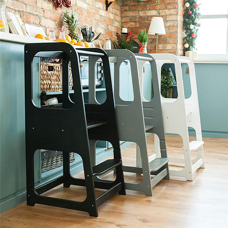 Montessori Learning Tower for Toddlers | Solid Wood Baby Step Stool with Safety Rail | Adjustable Kitchen Helper Tower – White, Gray & Natural Wood