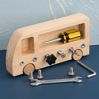 Wooden Busy Bus Toy – Montessori Screwdriver Board for Kids with Tools & Screws (Ages 4–6)
