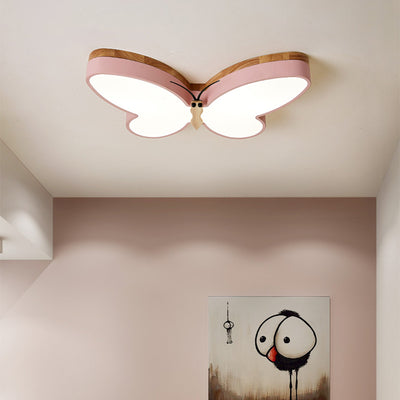 Nordic Butterfly LED Ceiling Lamp | Creative Wooden Bedroom Light with Remote Control | Eye Protection Cartoon Lamp – 50CM (White, Pink, Yellow, Tricolor Dimming, 220V)