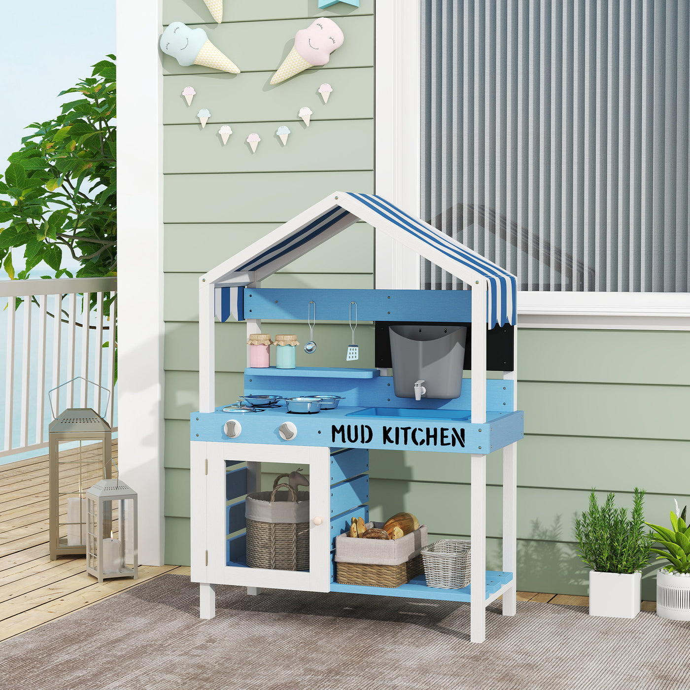Wooden Mud Kitchen For Kids Outdoor With Sink, Faucet, Water Tank, Storage Shelves, Accessories For Boys And Girls, Blue