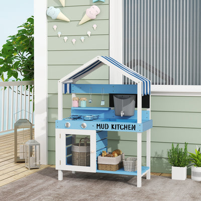 Wooden Mud Kitchen For Kids Outdoor With Sink, Faucet, Water Tank, Storage Shelves, Accessories For Boys And Girls, Blue