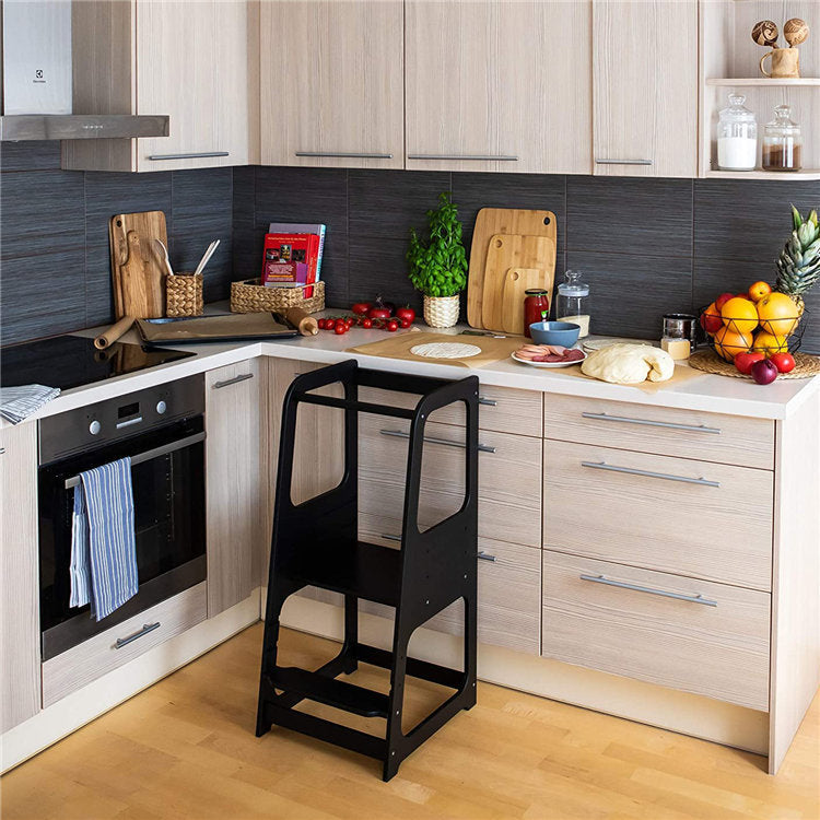 Montessori Learning Tower for Toddlers | Solid Wood Baby Step Stool with Safety Rail | Adjustable Kitchen Helper Tower – White, Gray & Natural Wood