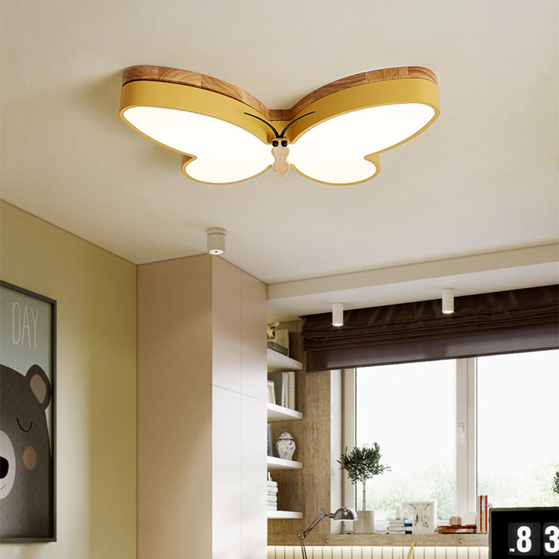 Nordic Butterfly LED Ceiling Lamp | Creative Wooden Bedroom Light with Remote Control | Eye Protection Cartoon Lamp – 50CM (White, Pink, Yellow, Tricolor Dimming, 220V)