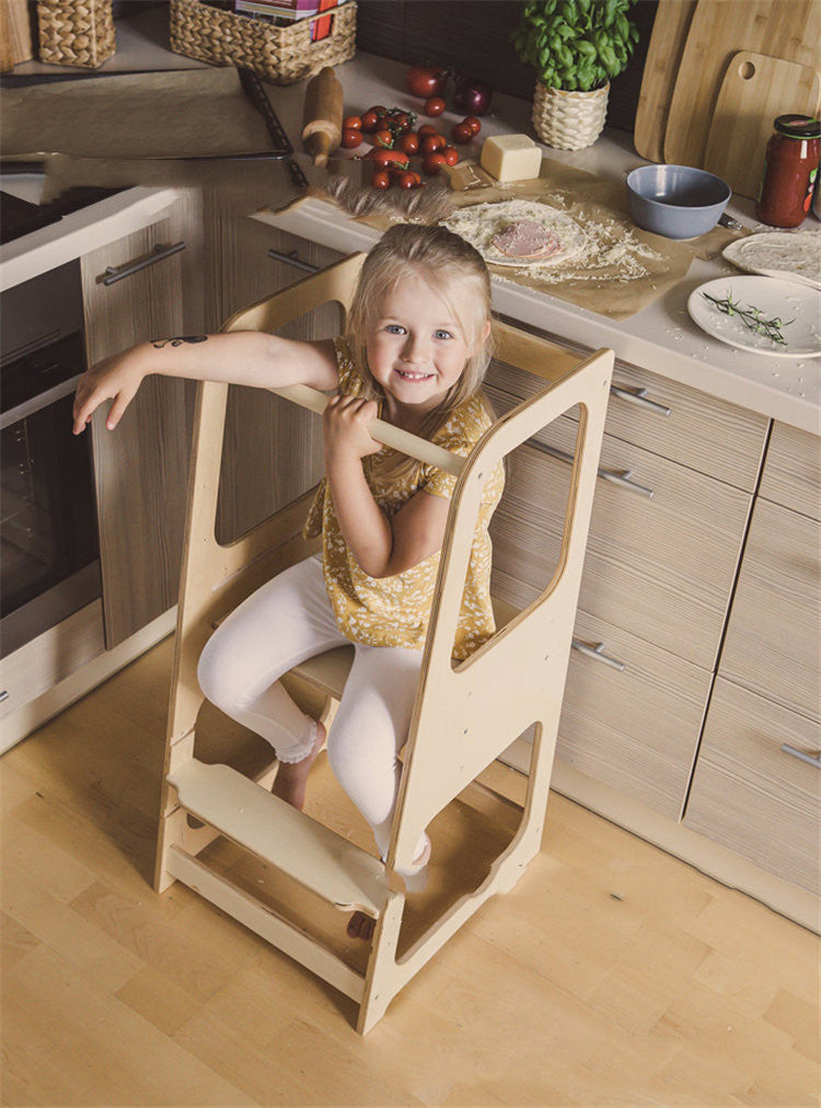 Montessori Learning Tower for Toddlers | Solid Wood Baby Step Stool with Safety Rail | Adjustable Kitchen Helper Tower – White, Gray & Natural Wood
