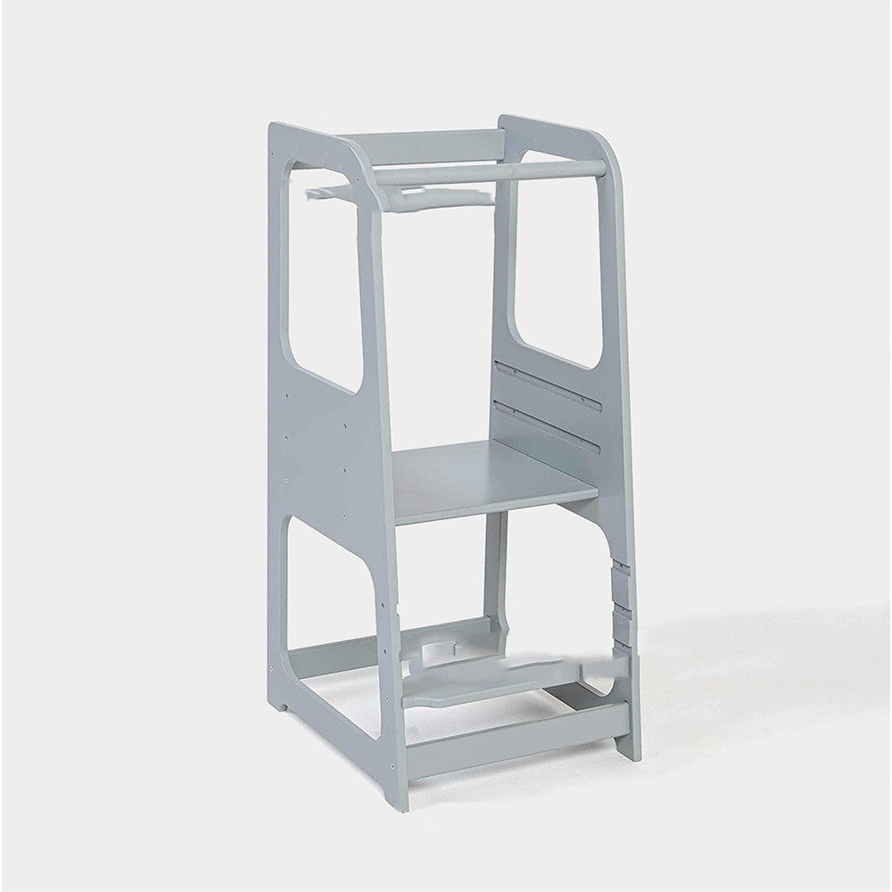 Montessori Learning Tower for Toddlers | Solid Wood Baby Step Stool with Safety Rail | Adjustable Kitchen Helper Tower – White, Gray & Natural Wood