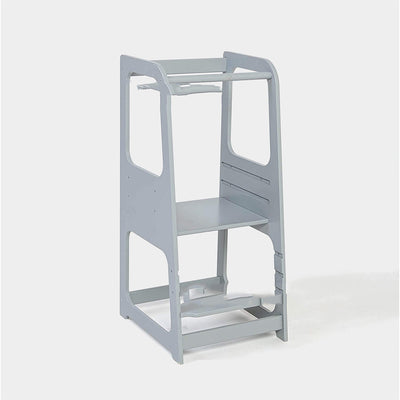 Montessori Learning Tower for Toddlers | Solid Wood Baby Step Stool with Safety Rail | Adjustable Kitchen Helper Tower – White, Gray & Natural Wood