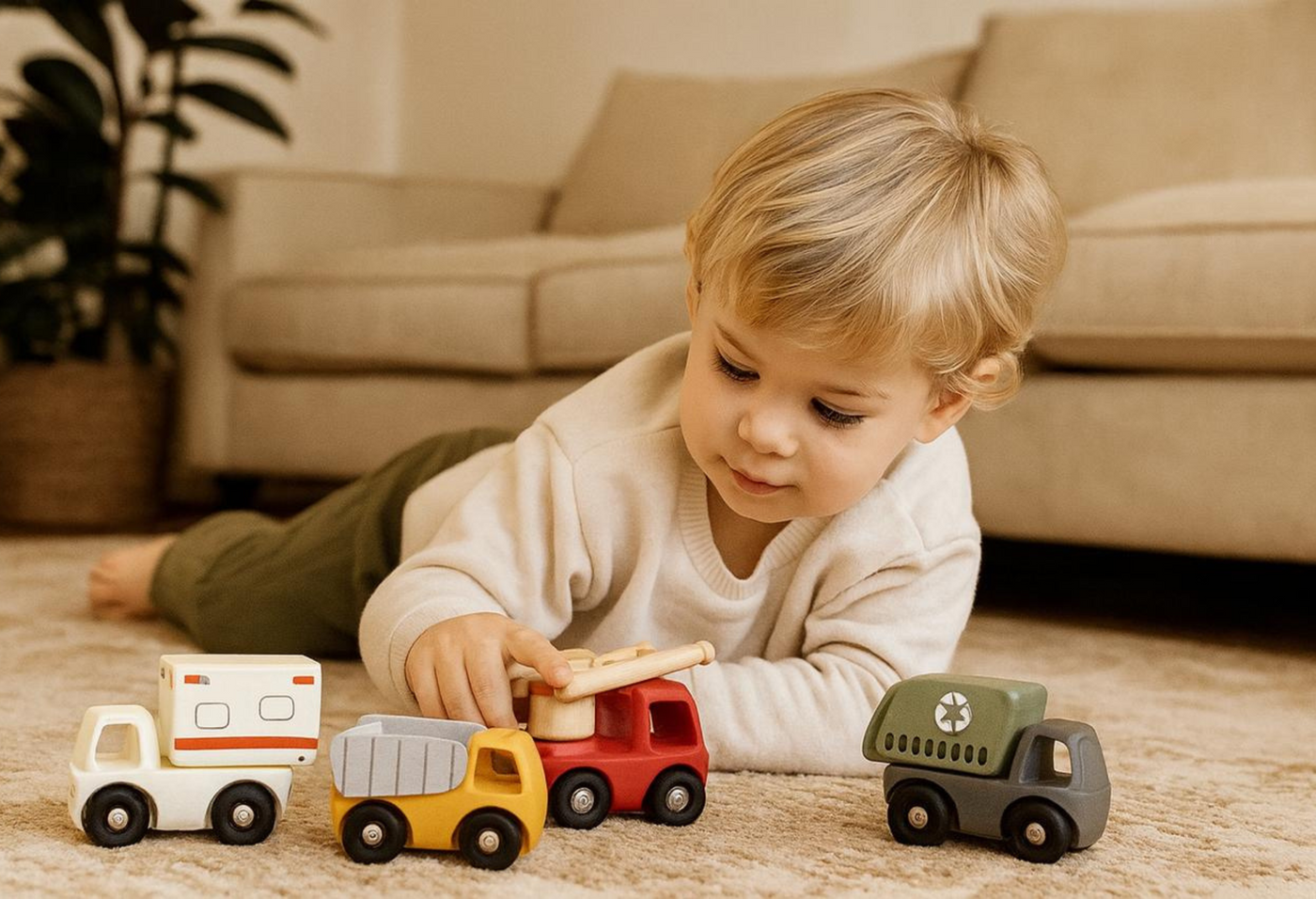 Brick Hues Montessori 4-in-1 Silicone & Wooden Car Set | Mix & Match Baby & Toddler Vehicles – Garbage Truck, Ambulance, Dump Truck & Fire Engine | Safe Montessori Toys UAE