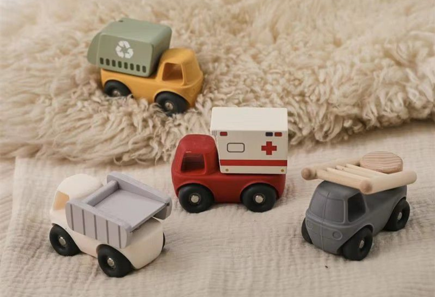 Brick Hues Montessori 4-in-1 Silicone & Wooden Car Set | Mix & Match Baby & Toddler Vehicles – Garbage Truck, Ambulance, Dump Truck & Fire Engine | Safe Montessori Toys UAE