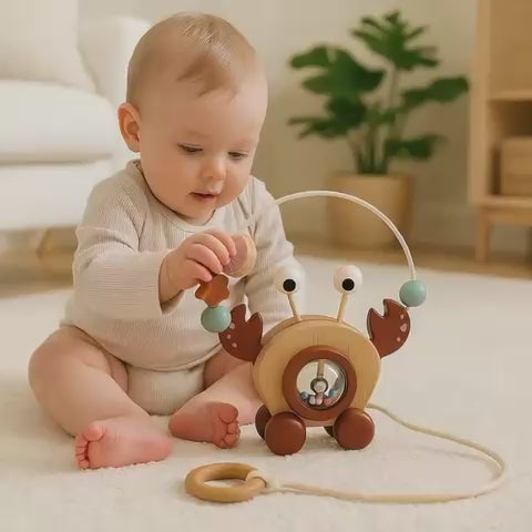 Brick Hues Wooden Pull-Along Crab Toy | Montessori Baby Walker with Bead Maze | Early Learning, Motor Skills & Coordination – Safe Toddler Toy UAE
