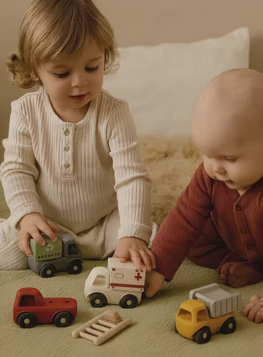 Brick Hues Montessori 4-in-1 Silicone & Wooden Car Set | Mix & Match Baby & Toddler Vehicles – Garbage Truck, Ambulance, Dump Truck & Fire Engine | Safe Montessori Toys UAE